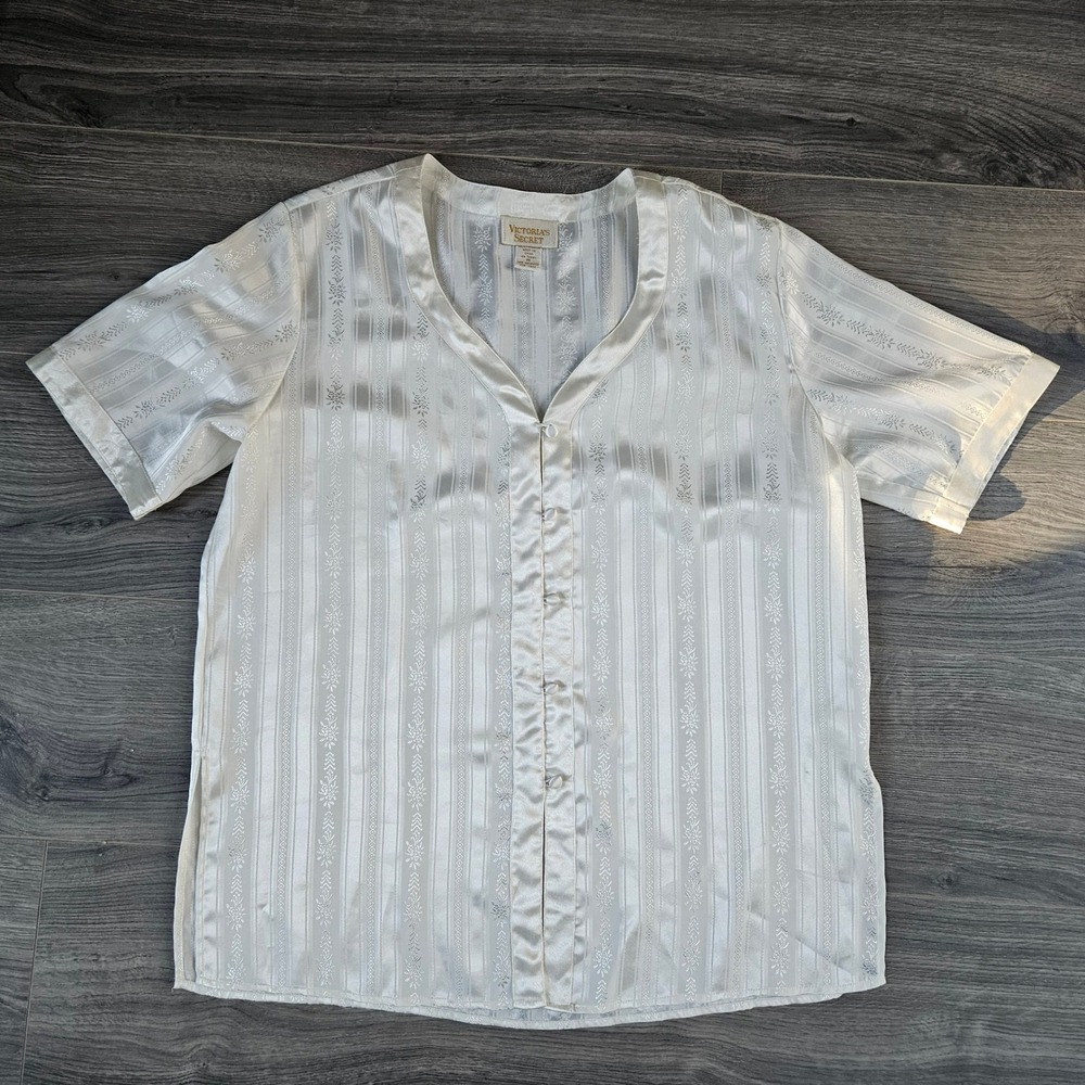 Vintage Victorias Secret Gold Label Pajama 2 Pc Set Ivory Satin Floral Stripe M - Picture 3 of 14